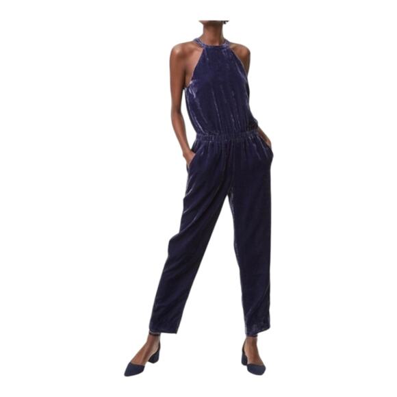 Loft Crushed Velvet Halter Jumpsuit Royal Purple Blue Size Small - Picture 5 of 10